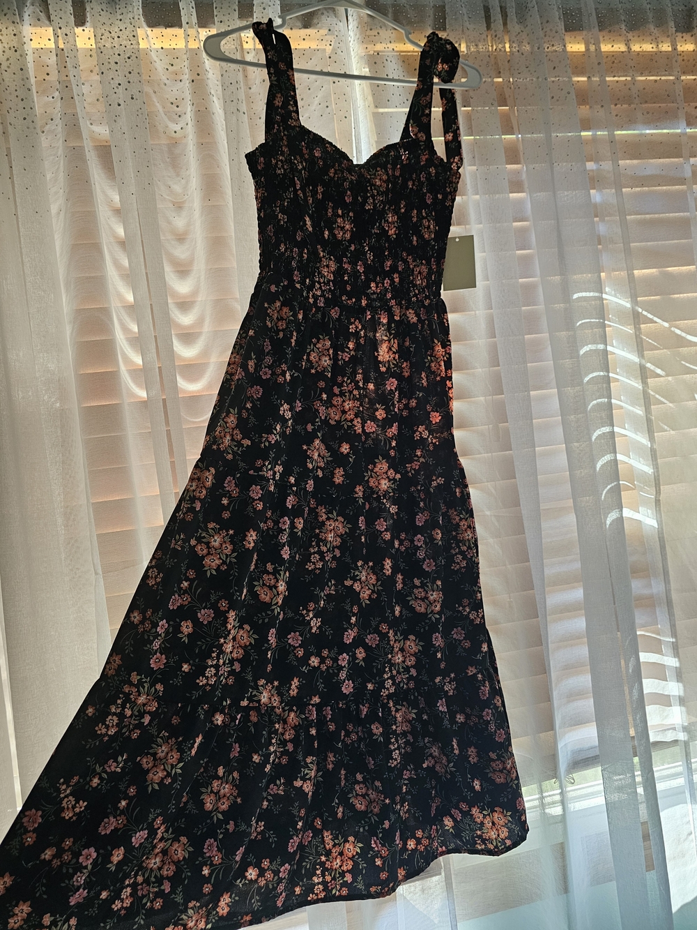 Smocked Tie-Shoulder Floral Maxi Dress - Black with Pink Floral